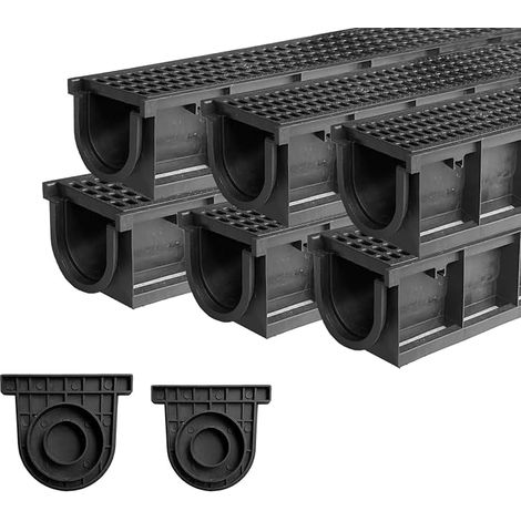 Ensemble de 6: 1000 x 155 x 138 mm HDPE Black Terrace Channel avec Grille, A15 Externe Drainage Channel HDPE 6 m pour Driveway, Jardin, Terrasse, Cour (1/5)