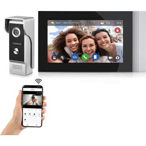 Interphone Vidéo pour Accueil Vidéo Sonnette Visiophone Système, 7" Moniteur écran Tactile,1080P HD Sonnette de Caméra Extérieure Filaire Vision Nocturne, Maisons/Bureaux/Villas (1/5)