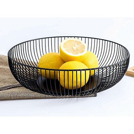 Corbeille à fruits noire mate, 28 x 8 cm, grande corbeille à fruits ronde et moderne en métal noir, peu profonde, en fer (1/5)