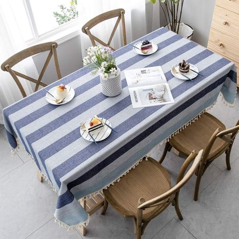 Nappe rectangulaire à rayures décoratives pour table de jardin (140 x 240 cm, bleu et blanc), avec joints anti-poussière (140 x 240 cm). (1/5)