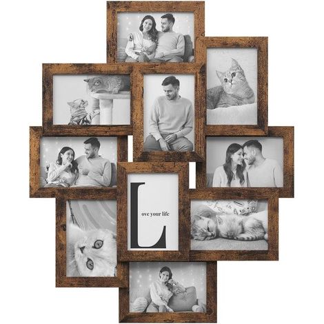 Pêle-mêle mural pour 10 photos 60 x 3,6 x 49,3 cm design contemporain style rustique en MDF noir (1/2)