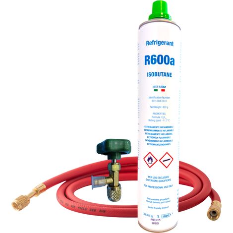 Kit Gas R600a Isobutano 420g  Incluye Válvula de Servicio y Manguera  Rosca 7/16"  Refrigerante Ecológico Alta Eficiencia
