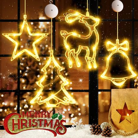 Rideau Lumineux de Noël, Lot de 4 Guirlande Lumineuse de Noël avec Ventouses, Etanche Fenêtre Décorative de Noël Étoile, Guirlande Lumineuse de Noël Intérieur Extérieur pour Décoration, Fête, Mariage (1/5)