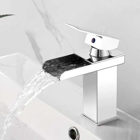 Wasserfall-Waschtischarmatur, Edelstahl-Waschtischarmatur mit Wasserfallauslauf, Einlocharmatur, Chrom, kurz (1/5)