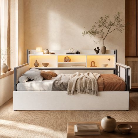 Letto 90x200 in metallo bianco con cassetti, scrivania pieghevole e LED, senza materasso (1/5)