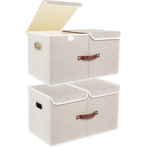 Extra Grande Boîte de Rangement avec Couvercles à Compartiments, Pliable, Lavable, Bac de rangement Tissu, 55x33x30 cm, Lot de 2, Beige (1/5)