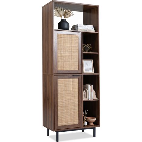 Brown Storage Cabinet with Rattan Doors and 5 Compartments (1/5)