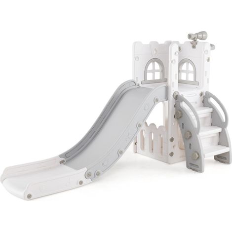 Tobogán infantil 6 en 1 de 69 x 145 x 85 cm con telescopio y trepador estilo moderno gris y blanco HDPE 200014346