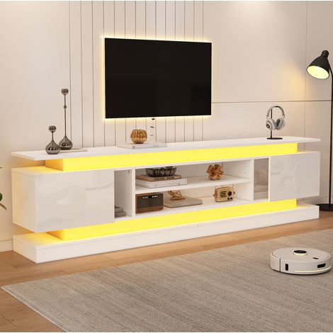 MODFU – Mobile TV 180x35x60 cm in MDF e acrilico con LED RGB Bluetooth, 2 ante push-to-open, per TV fino a 75 pollici e 2 colli – Bianco lucido (1/5)
