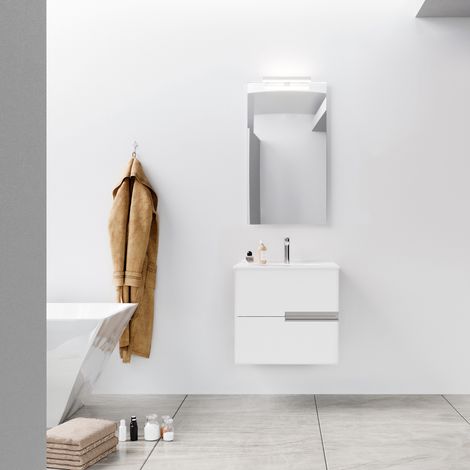 Mueble de baño 60 cm Blanco Glossy - 2 cajones y lavabo de cerámica blanca
