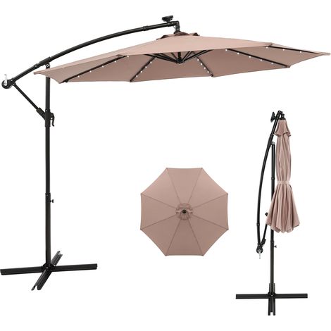 Parasol Déporté 3M Hexagonale, avec 40 LED Solaire, Inclinable, 8 Baleines en Métal, Base Croisée, Parasol à Manivelle, Marron (1/5)