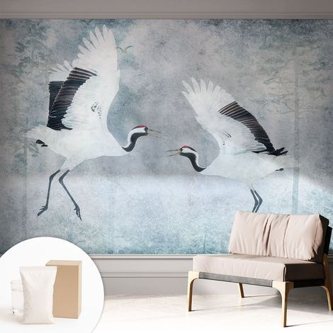 Papier peint intissé à motifs décoratifs pour salon chambre et bureau Décoration murale élégante avec colle Grues harmonieuses 312x219 cm (1/5)