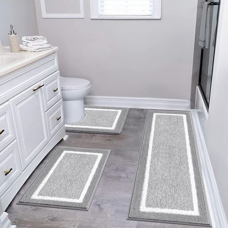 Tapis de salle de bain 3 pièces en microfibre ultra-doux, antidérapants et hautement absorbants – gris clair (1/5)