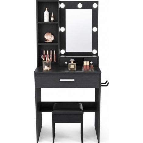 ELVMI Coiffeuse avec miroir, 3 tiroirs, étagère ouverte, LED réglable, prise et tabouret rembourré, MDF, 60 x 38 x 131.5 cm (1/5)