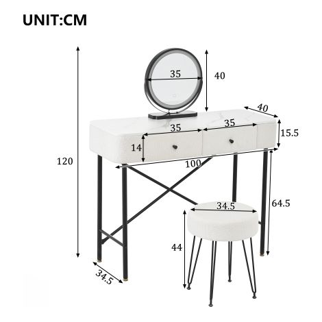 Coiffeuse avec éclairage et tabouret – Table de maquillage, miroir LED, 2 tiroirs, noir et blanc, dimensions 100 x 40 x 120 cm – Station beauté complète (1/5)