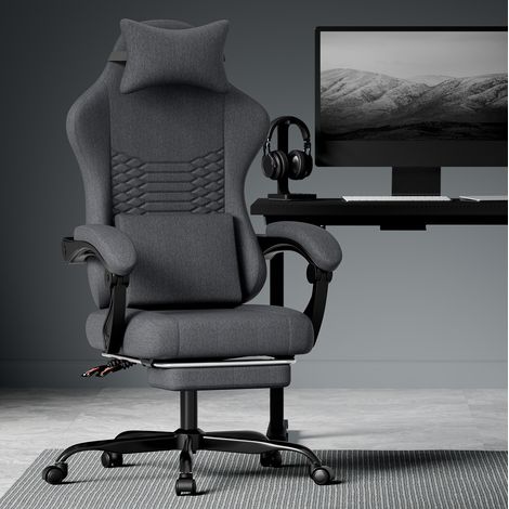Silla gaming negra de tela con diseño ergonómico, reposapiés retráctil y respaldo reclinable (1/5)