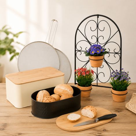 Set da cucina retrò con contenitore per il pane (4 pezzi) - Contenitore per il pane, portapentole da parete, paraspruzzi e scatola per il pane (1/5)
