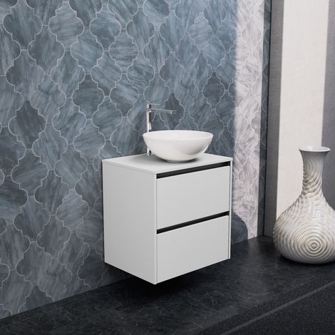 Inda - Badezimmerschrank 2 Schubladen B.60 mit Aufsatzwaschbecken / Mattweiß - Smeraldo (1/5)