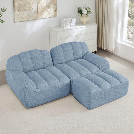 Canapé modular en tejido fleece granulado azul con otomana, sin montaje (1/5)