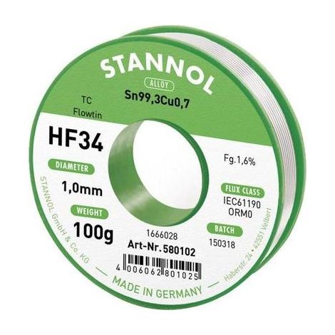 Stannol HF34 Hilo de Soldadura Sin Plomo Bobina 100 g 1 mm
