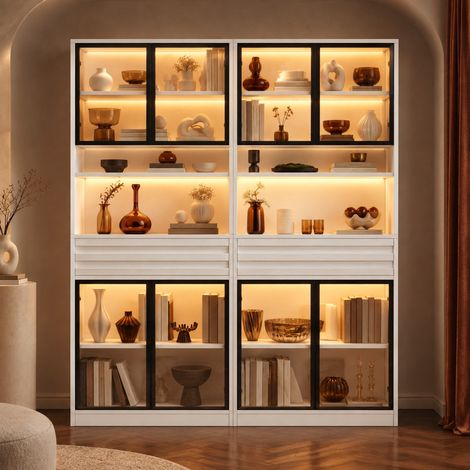 Vitrina 160/35/200 cm blanca con 8 puertas de cristal, 2 cajones e iluminación LED RGB (1/5)
