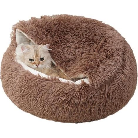 (Café) Weiches Hunde- und Katzenbett, 50 cm - Kunstfell - Halbgeschlossen - Braun (1/4)
