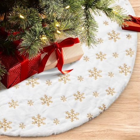 White Plush Christmas Tree Skirt, Festive Christmas Tree Ornament, Gold Sequin Snowflakes, 48"/122 cm