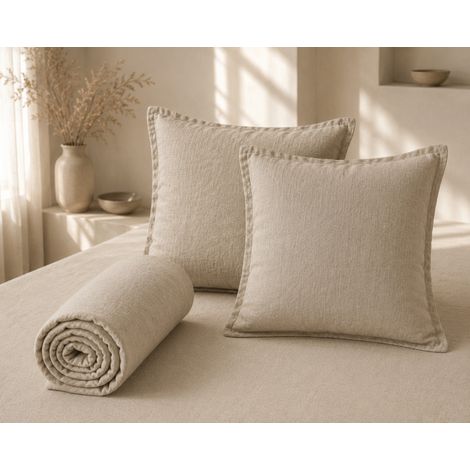 Parure Drap Housse 140 x 190 cm + 2 Taies 60x60 cm 100% Lin Français - Sable (1/5)