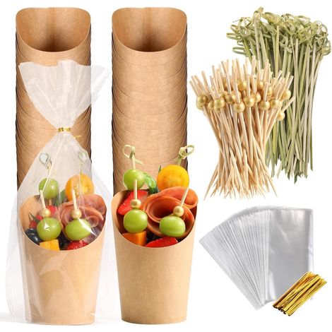 50 ensembles de gobelets jetables pour charcuterie, comprenant bâtonnets et sachets, boîtes à goûter en papier kraft brun de 400 ml (1/5)