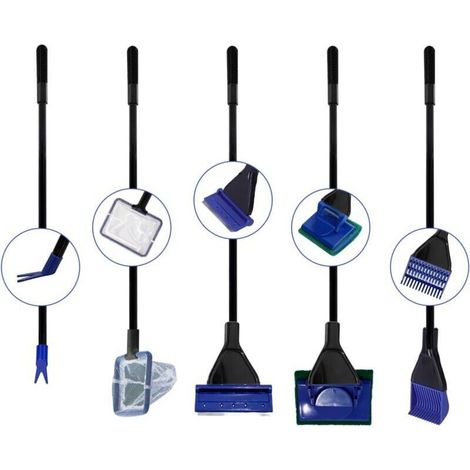 Kit de nettoyage d'aquarium 5 en 1, accessoires de nettoyage pour épuisette, grattoir à algues (acier inoxydable), brosse à gravier, brosse éponge, fourchette pour plantes aquatiques