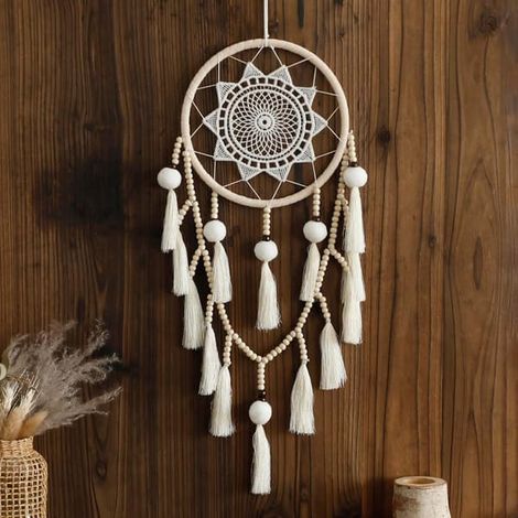attrape-rêves mural en macramé avec pompons, grand attrape-rêves blanc en perles de bois, style bohème, fait main. (1/4)