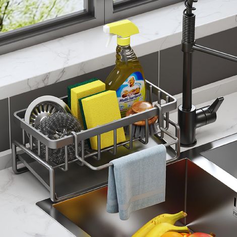 1 organiseur de cuisine en acier inoxydable avec bac d'égouttage, égouttoir à serviettes, pas besoin de percer de trous, pour la cuisine (gris) (1/5)