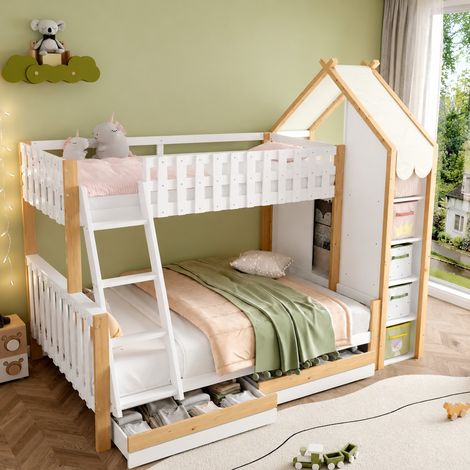 Letto a castello per bambini 90x200 cm + 140x200 cm con contenitori, scala, bianco HAVRYA (1/5)