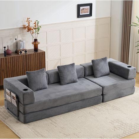 Bodensofa, faltbar als Schlafsofa, mit Seitentaschen und Getränkehaltern, Cord, dunkelgrau (1/5)