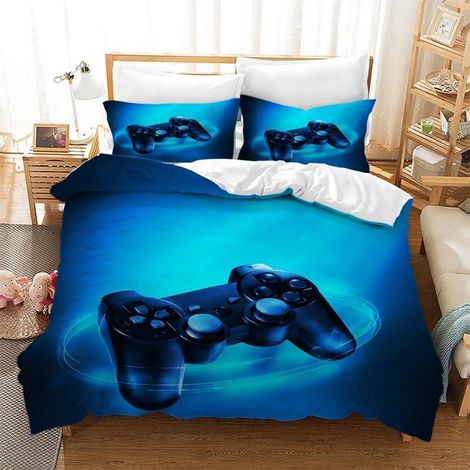Ensemble de literie 220x240 cm, motif manette de jeu 3D, microfibre, 1 housse de couette & 2 taies d'oreiller