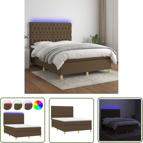 The Living Store Sommier à lattes de lit matelas et LED Marron foncé 140x190 cm - Sommier Tapissier - Lit Avec Rangement - Lit Plateforme - Lit Double - Matelas À Ressorts Ensachés (1/5)