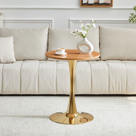 Mesa auxiliar redonda 60 cm efecto madera con pie central dorado, MDF y metal, altura 72 cm (1/5)