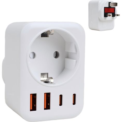 Adaptateur de voyage 5 en 1 UE vers UK avec 4 USB (2 USB-C), adaptateur de prise anglaise 3250 W avec fusible 13 A BS1362, prise de voyage Schuko pour Londres, Irlande, Dubaï, blanc (1/4)