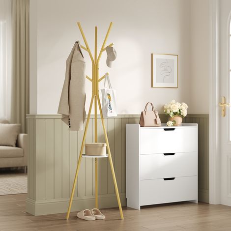 WOLTU Garderobenständer, Kleiderständer mit 9 Haken und 1 Ablage, freistehender Jackenständer, Höhe 180cm, für Wohnzimmer Büro, Gold+Weiß