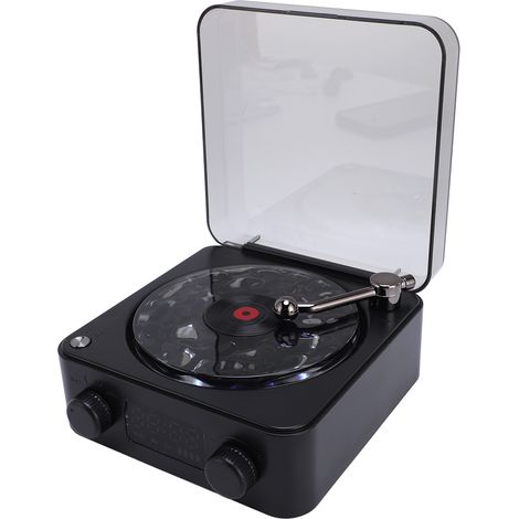 Enceinte stéréo avec effet lumineux ondulé et affichage de l'heure, platine vinyle rétro, Bluetooth, idéale pour chambre ou studio, couleur noir brillant. (1/5)