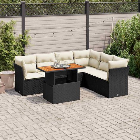 Salon de jardin 7 pièces modulable en résine tressée noire avec coussins et table relevable - PANGIVO (1/5)