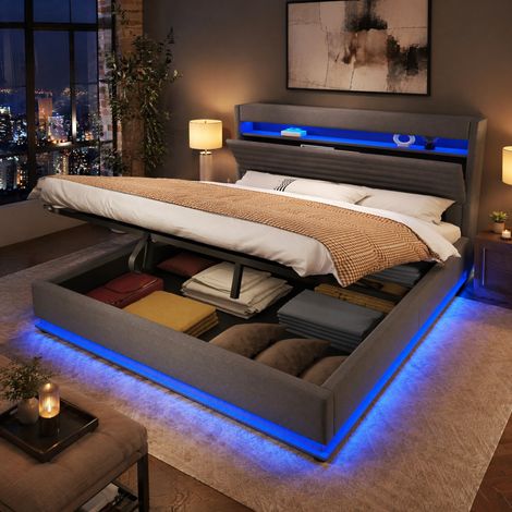 Cama tapizada 180x200 cm con USB Tipo-C, LED, almacenaje hidráulico, gris, OKWISH (1/5)