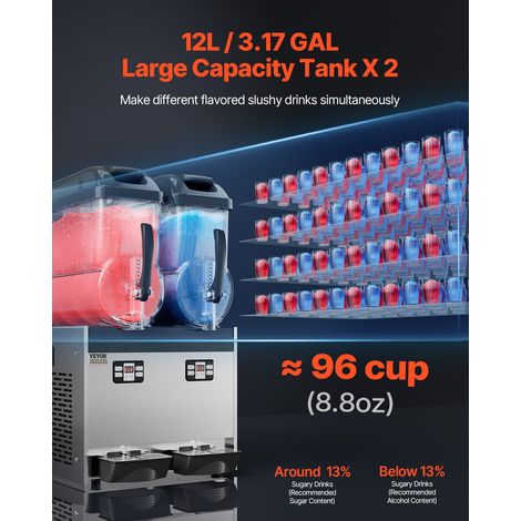 Machine à Granité Commerciale 2x12 L Double Réservoir, Machine à Boissons Glacées en Inox de 96 Tasses, Distributeur de Boissons Fr… (1/5)