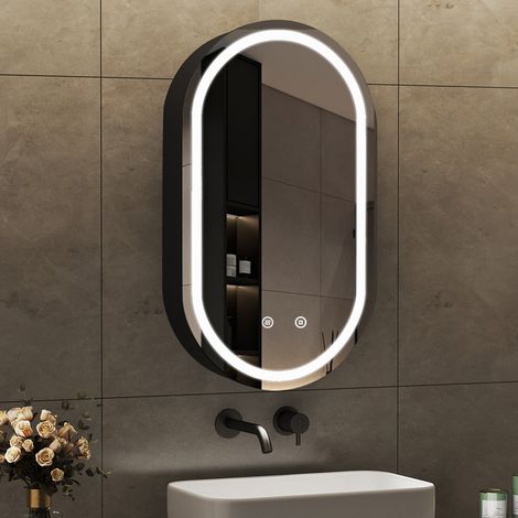 Oval Spiegelschrank mit Beleuchtung 40x70cm LED Spiegelschrank Bad mit Beleuchtung Badspiegel mit Beleuchtung Badschrank Hängeschränke mit 3 Einstellbare Lichtfarben Beschlagfrei, Schwarz (1/5)