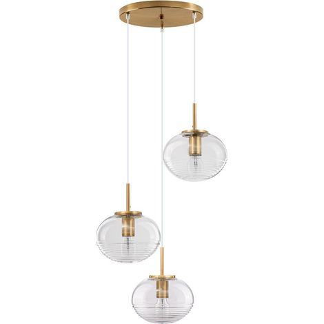 Merano Kapuskasing Plafonnier suspendu 3 lumières verre transparent cordon blanc laiton doré métal LED E27