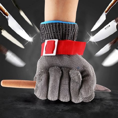 Schnittfeste Handschuhe aus Edelstahldraht der Güteklasse 5 mit roter Schnalle, Größe L, verkauft. (1/5)