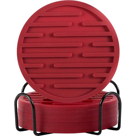 Dessous de verre absorbants avec support, lot de 6 dessous de verre en silicone souple, pour table basse, 10 cm de diamètre. Idéal comme cadeau d'anniversaire, pendaison de crémaillère, bar ou fête (n (1/5)