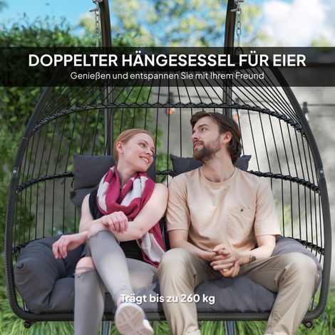 Fauteuil suspendu pliable en cadre métallique avec coussin épais en polyrattan ergonomique pour deux personnes, charge jusqu'à 260 kg couleur gris foncé idéal pour balcon terrasse et jardin (1/5)