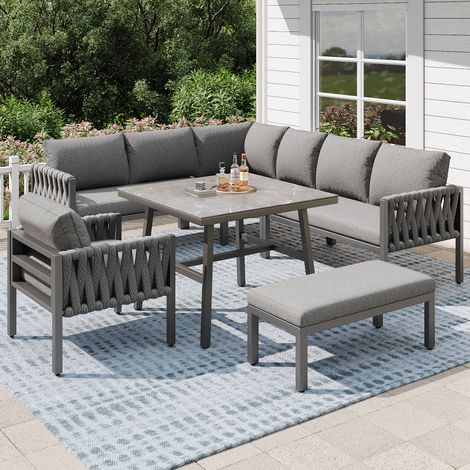 Ensemble de salon de jardin pour 7-8 personnes,avec cordes,canapé d'angle+plateau en verre trempé,pieds réglables,structure en fer galvanisé(Gris)