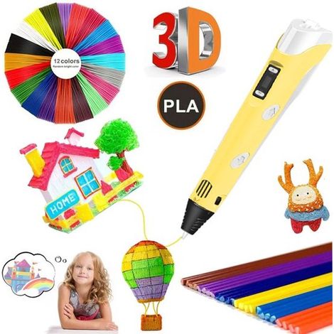 Juego de bolígrafos de impresión 3D, impresora de garabatos para dibujar, 12 colores de filamento, regalo para niños - Amarillo